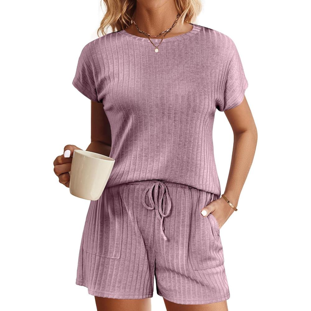 imageEkouaer Pajamas Set for Women 2 Piece Pjs Ribbed Knit Lounge Set Cap Sleeve Loungewear Sleepwear SXXLFuchsia
