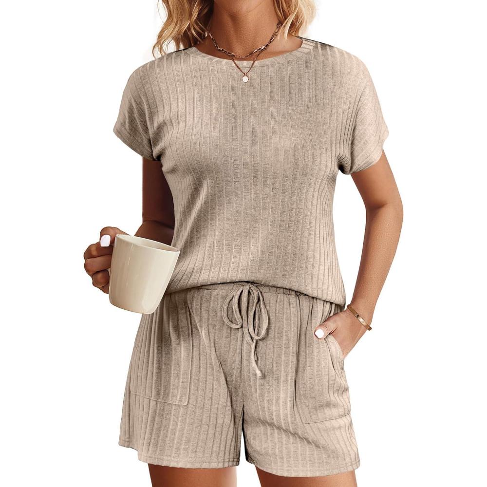 imageEkouaer Pajamas Set for Women 2 Piece Pjs Ribbed Knit Lounge Set Cap Sleeve Loungewear Sleepwear SXXLKhaki