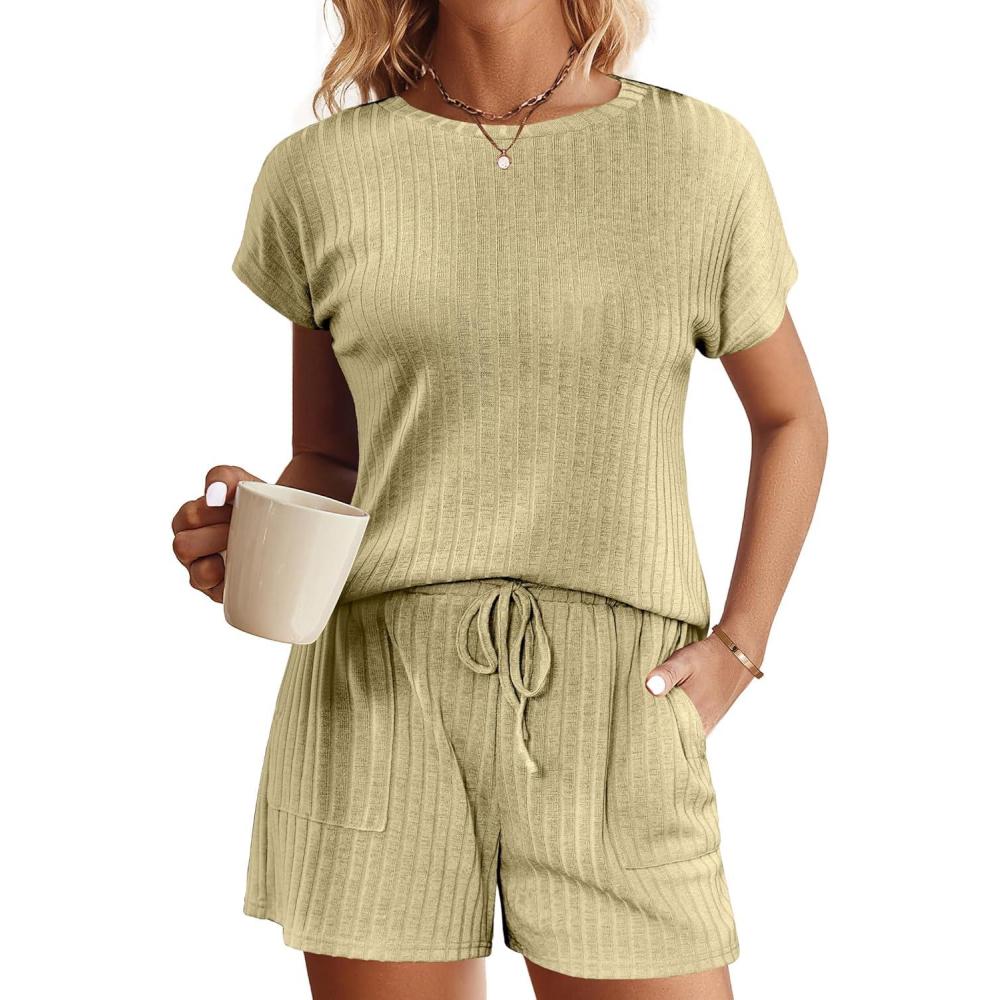 imageEkouaer Pajamas Set for Women 2 Piece Pjs Ribbed Knit Lounge Set Cap Sleeve Loungewear Sleepwear SXXLLight Green