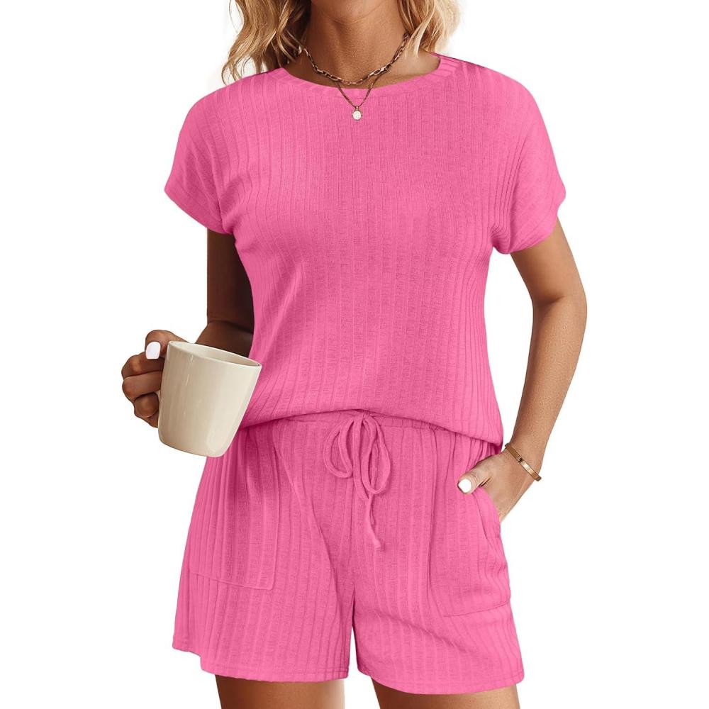 imageEkouaer Pajamas Set for Women 2 Piece Pjs Ribbed Knit Lounge Set Cap Sleeve Loungewear Sleepwear SXXLRose Red
