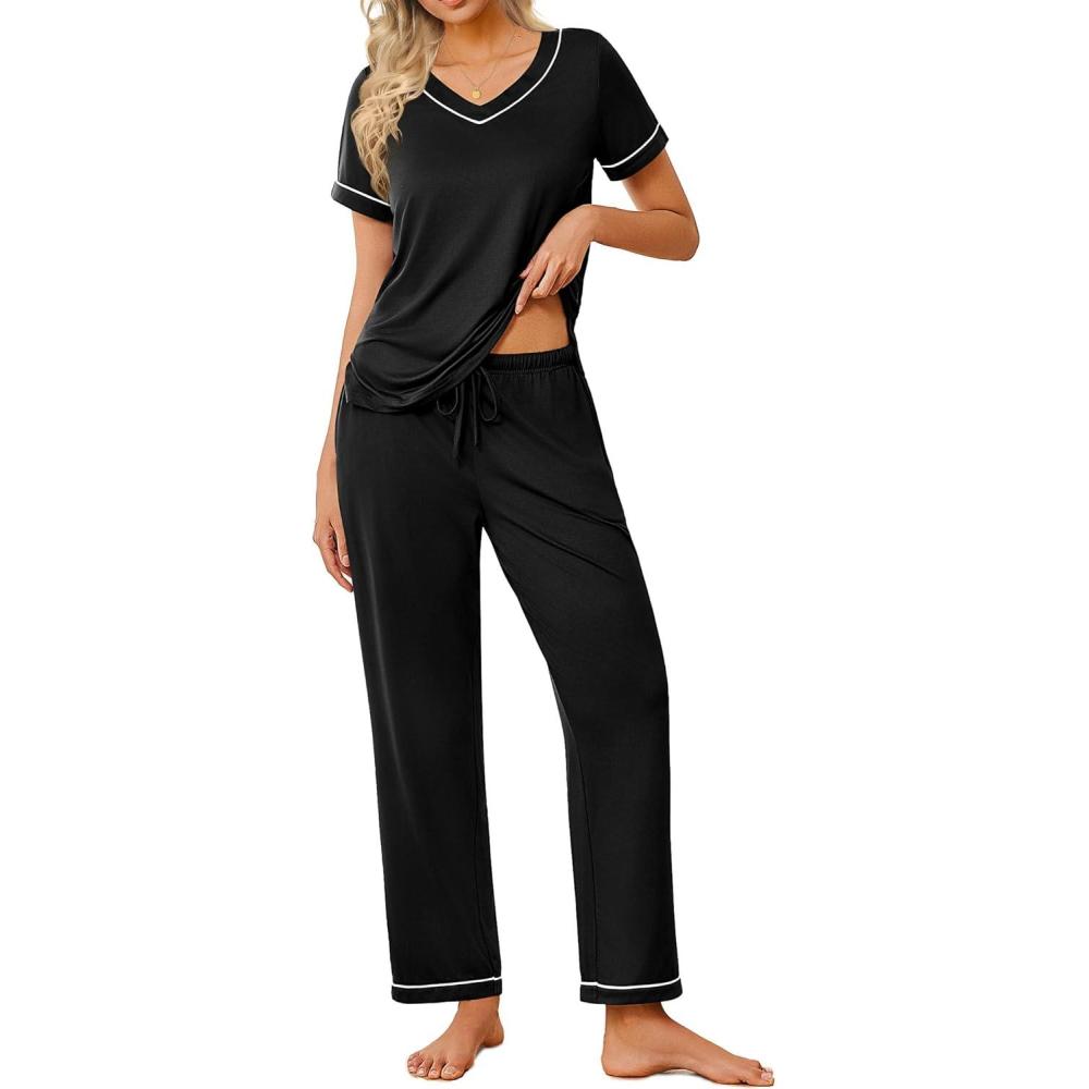 imageEkouaer Pajamas for Women Set 2 Piece Lounge Set Soft Pajama Sets Short Sleeve and Pants Pj Sets Loose Sleepwear with PocketsBlack