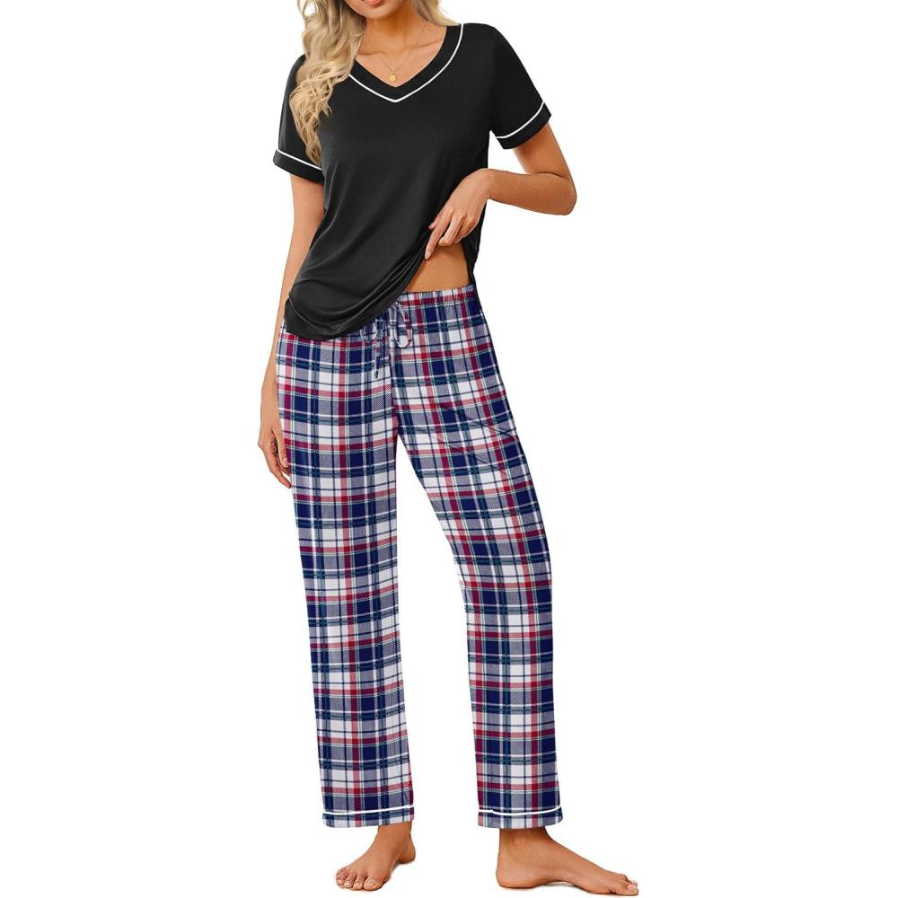 imageEkouaer Pajamas for Women Set 2 Piece Lounge Set Soft Pajama Sets Short Sleeve and Pants Pj Sets Loose Sleepwear with PocketsBleu and Red Plaid