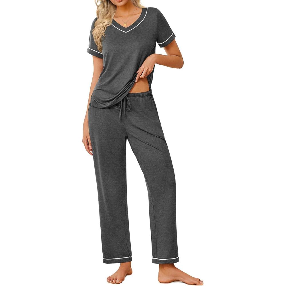 imageEkouaer Pajamas for Women Set 2 Piece Lounge Set Soft Pajama Sets Short Sleeve and Pants Pj Sets Loose Sleepwear with PocketsDeep Grey