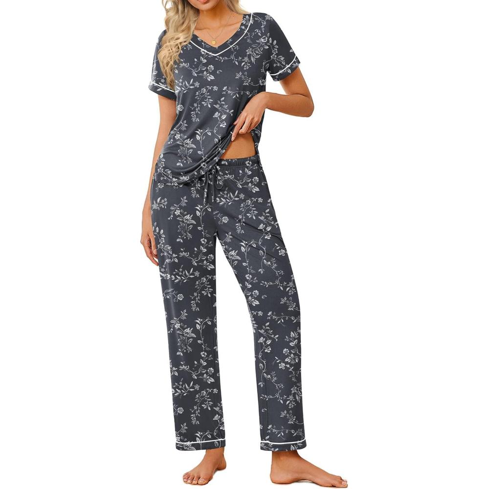 imageEkouaer Pajamas for Women Set 2 Piece Lounge Set Soft Pajama Sets Short Sleeve and Pants Pj Sets Loose Sleepwear with PocketsGrey Flower