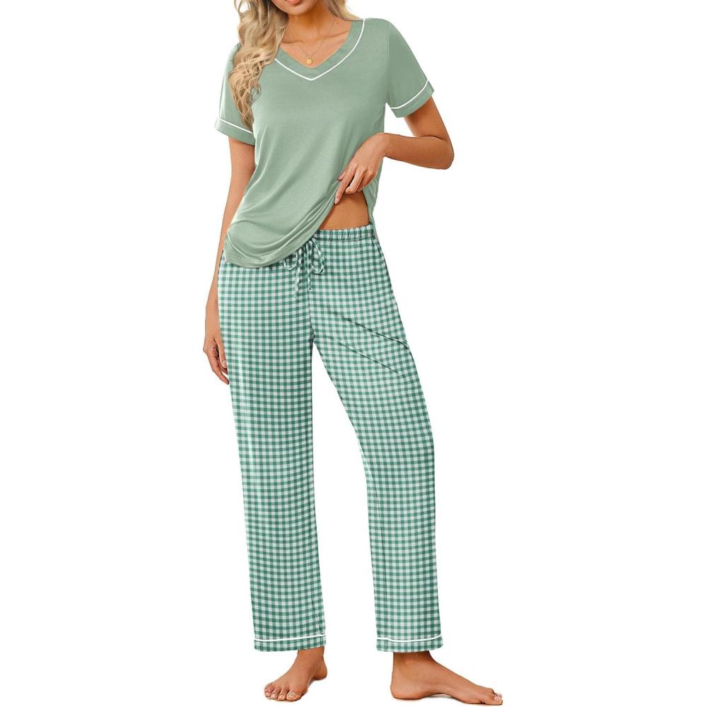 imageEkouaer Pajamas for Women Set 2 Piece Lounge Set Soft Pajama Sets Short Sleeve and Pants Pj Sets Loose Sleepwear with PocketsLight Green Plaid