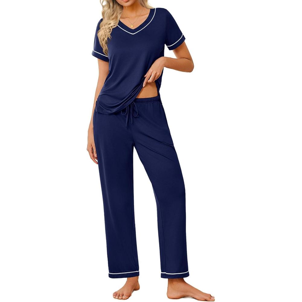 imageEkouaer Pajamas for Women Set 2 Piece Lounge Set Soft Pajama Sets Short Sleeve and Pants Pj Sets Loose Sleepwear with PocketsNavy Blue