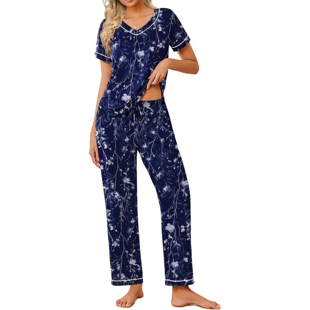 imageEkouaer Pajamas for Women Set 2 Piece Lounge Set Soft Pajama Sets Short Sleeve and Pants Pj Sets Loose Sleepwear with PocketsNavy Blue Flower