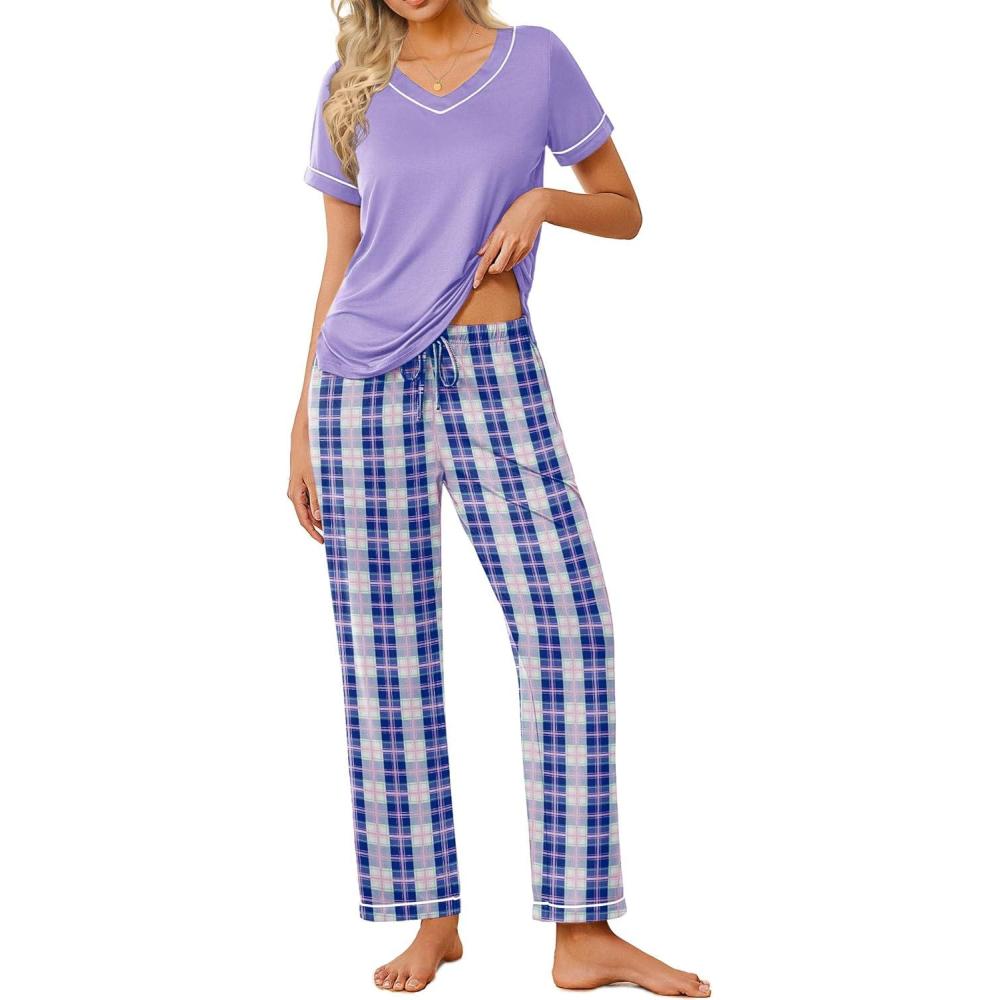imageEkouaer Pajamas for Women Set 2 Piece Lounge Set Soft Pajama Sets Short Sleeve and Pants Pj Sets Loose Sleepwear with PocketsPurple Plaid