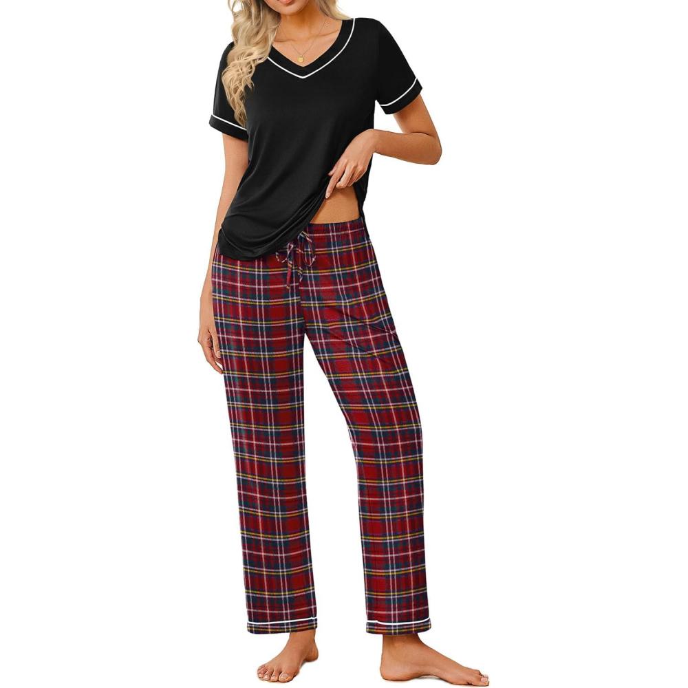 imageEkouaer Pajamas for Women Set 2 Piece Lounge Set Soft Pajama Sets Short Sleeve and Pants Pj Sets Loose Sleepwear with PocketsRed Plaid