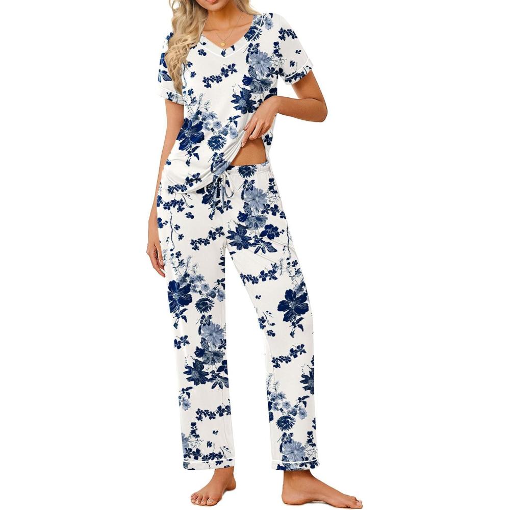 imageEkouaer Pajamas for Women Set 2 Piece Lounge Set Soft Pajama Sets Short Sleeve and Pants Pj Sets Loose Sleepwear with PocketsWhite and Blue Flower