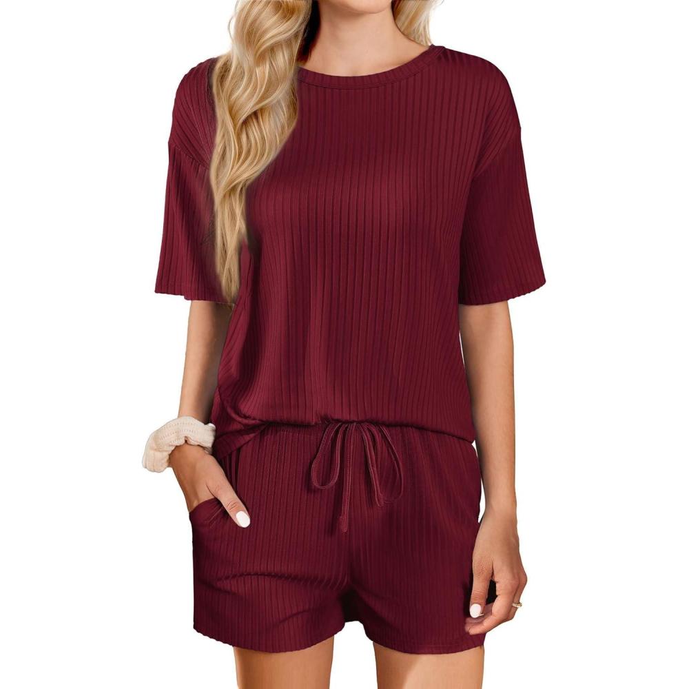 imageEkouaer Short Sleeve Pajamas Set Ribbed Knit Lounge Sets for Women Pjs Shorts Set Two Piece Shorts Outfits SetBurgundy