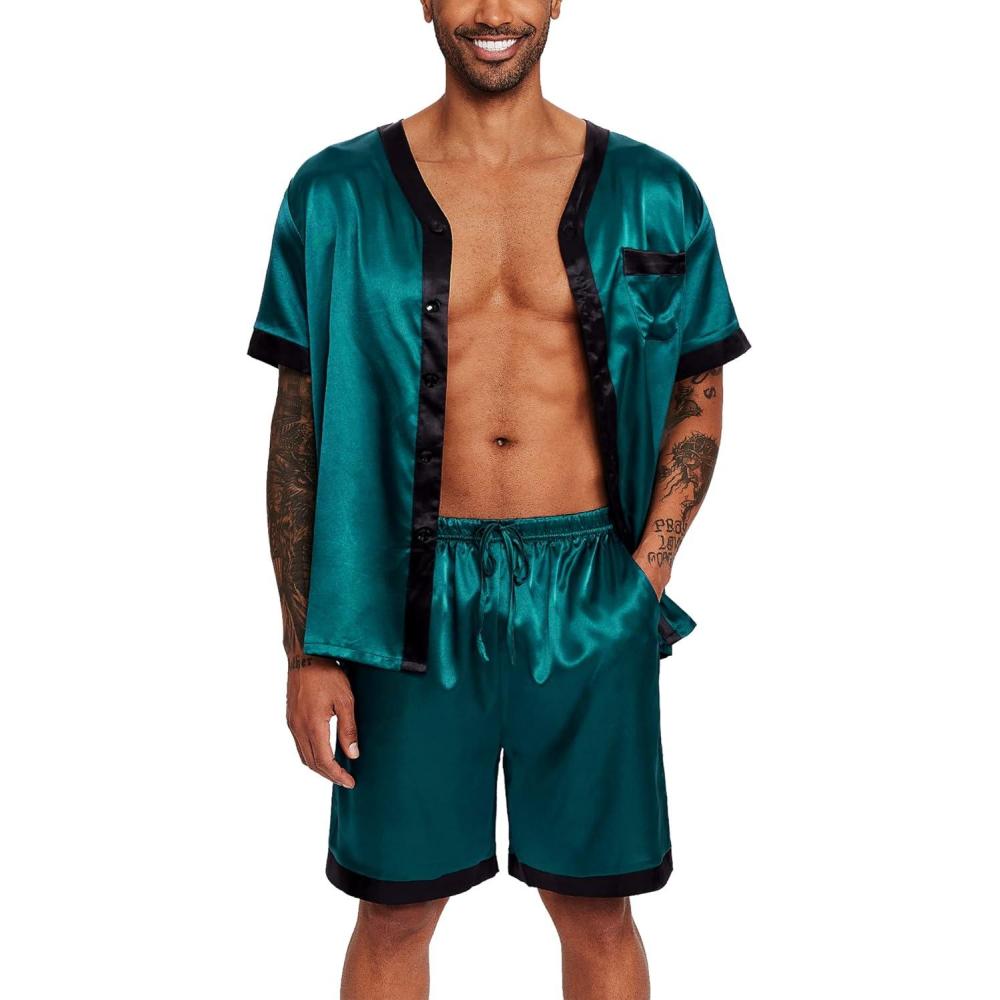 imageEkouaer Silk Pajamas for Men Satin Pajama Shorts 2 Piece Button Down Pj Set V Neck Sleepwear Loungewear with Pockets SXXLDark Green