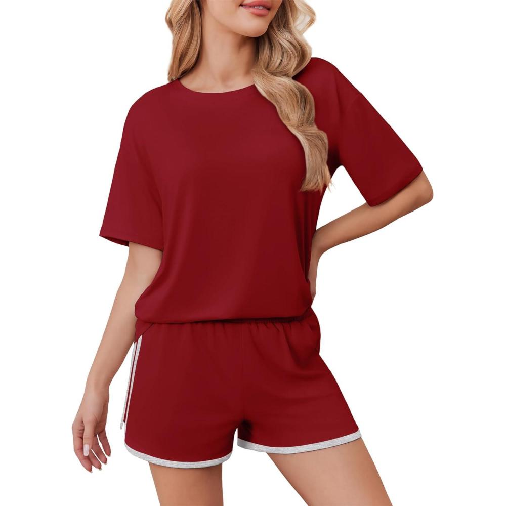 imageEkouaer Soft Pajamas set for Women Loose Lounge Set Crew Neck TShirts Top and Sport Shorts Tracksuit with PocketsDark Red