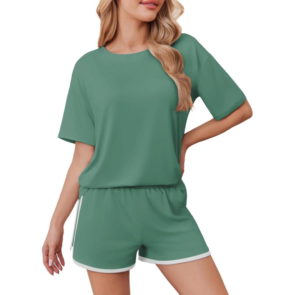 imageEkouaer Soft Pajamas set for Women Loose Lounge Set Crew Neck TShirts Top and Sport Shorts Tracksuit with PocketsGreen