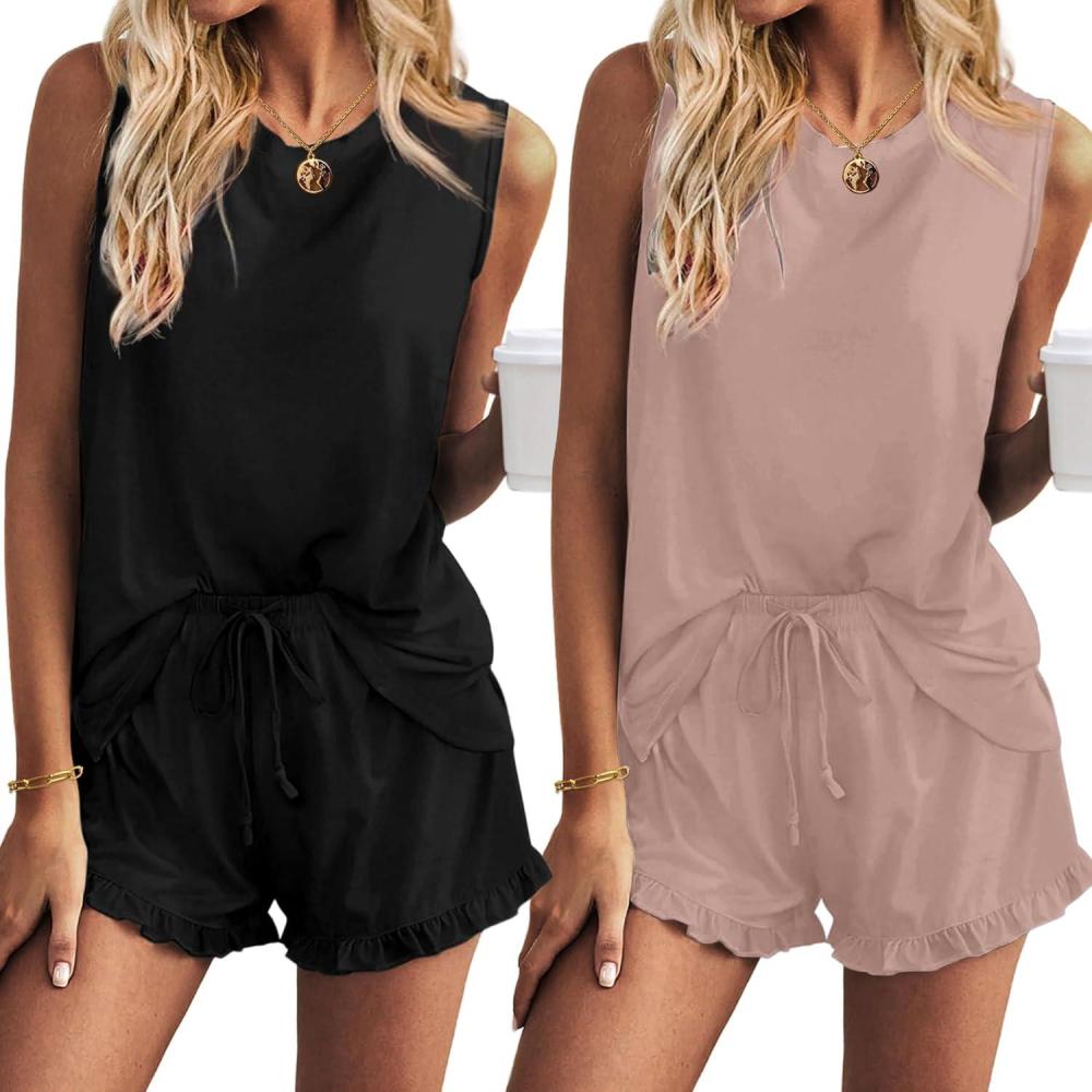 imageEkouaer Women Lightweight Summer Pajama Soft Pj Set Sleepwear Tank Top Shorts with Pocket Loungewear Set SXXLBlack Pink