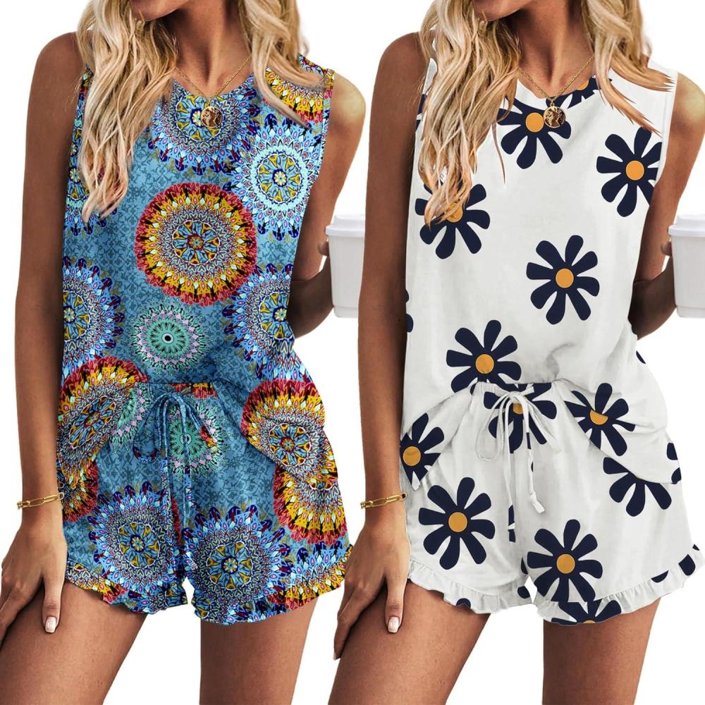 imageEkouaer Women Lightweight Summer Pajama Soft Pj Set Sleepwear Tank Top Shorts with Pocket Loungewear Set SXXLBoho Daisy