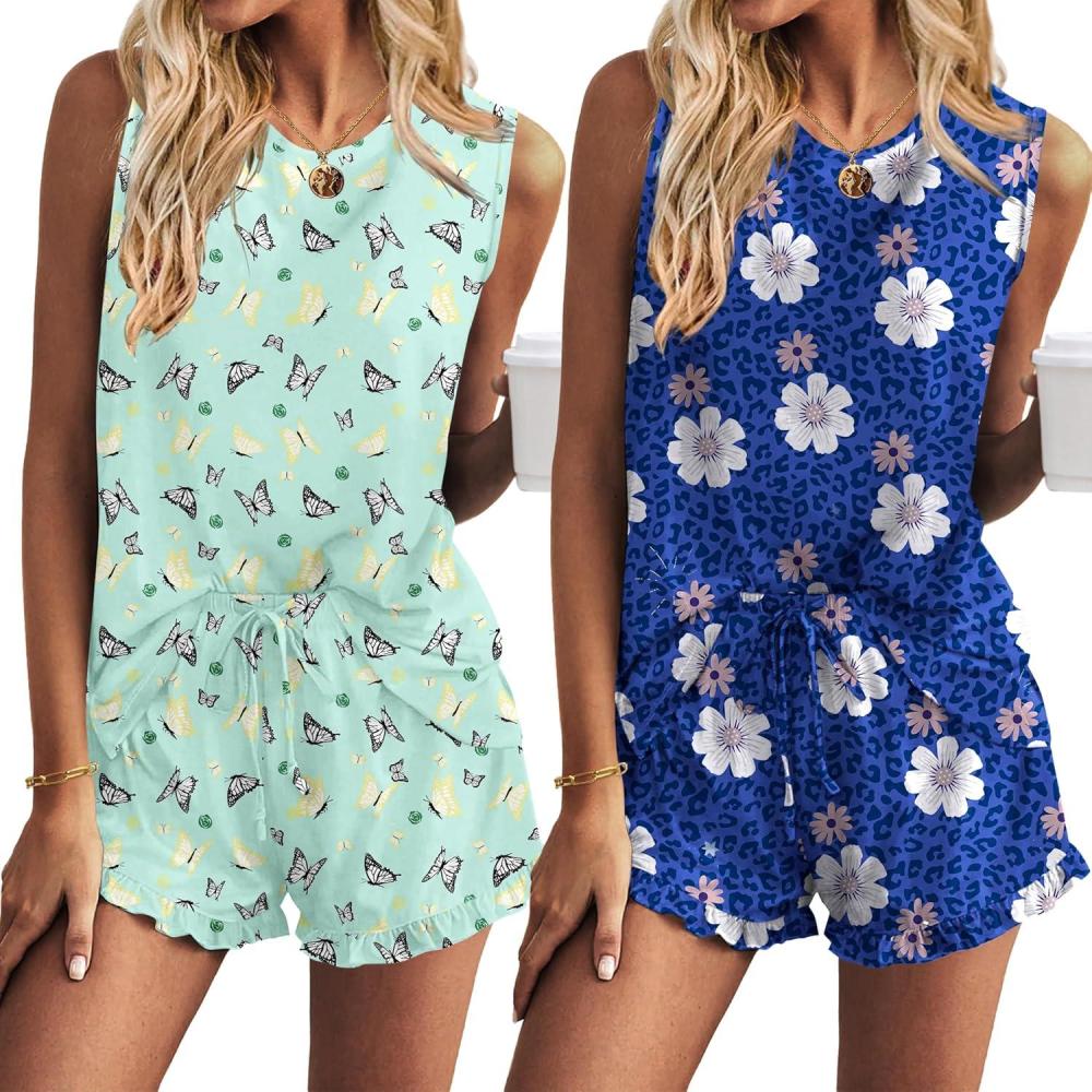 imageEkouaer Women Lightweight Summer Pajama Soft Pj Set Sleepwear Tank Top Shorts with Pocket Loungewear Set SXXLGreen Butterfly and Blue Flower