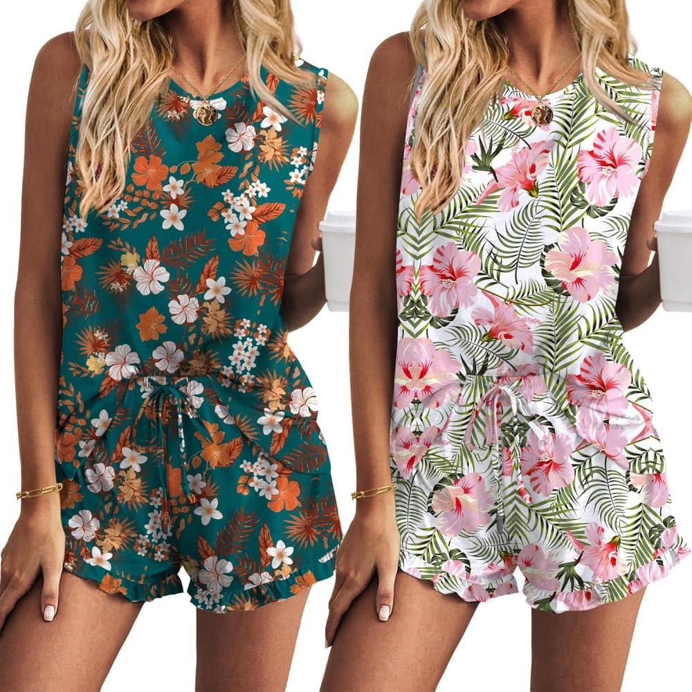 imageEkouaer Women Lightweight Summer Pajama Soft Pj Set Sleepwear Tank Top Shorts with Pocket Loungewear Set SXXLPink Flower and Green Floral