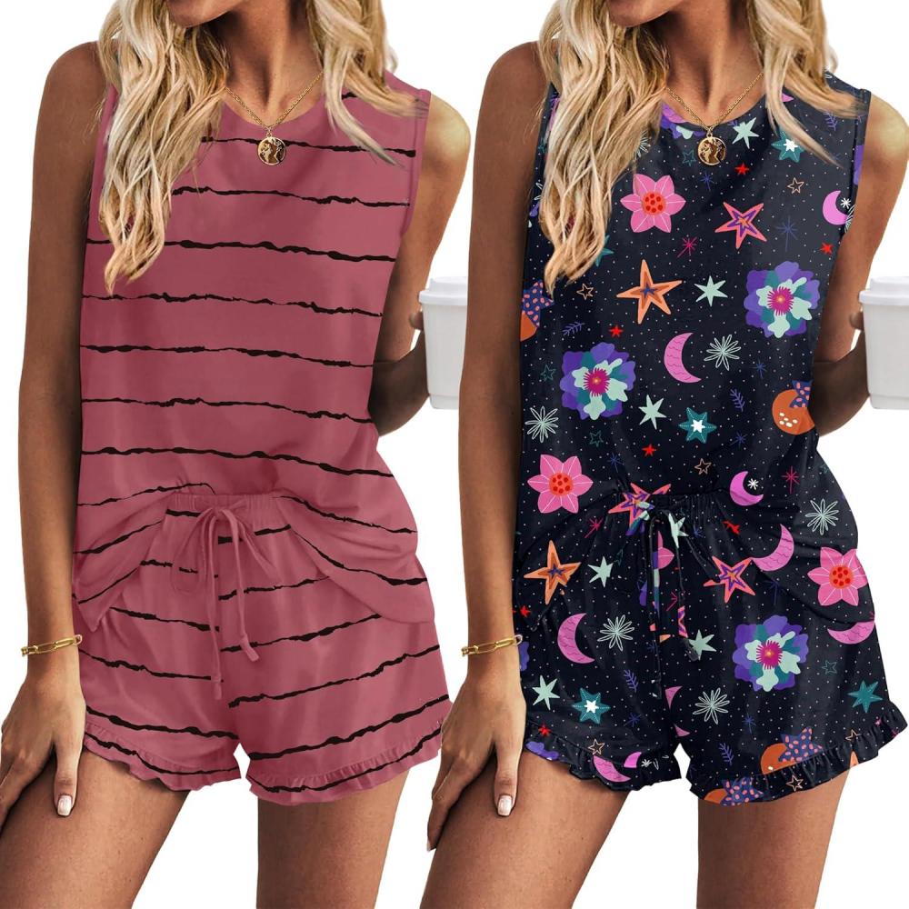 imageEkouaer Women Lightweight Summer Pajama Soft Pj Set Sleepwear Tank Top Shorts with Pocket Loungewear Set SXXLPink Stripes and Black Print