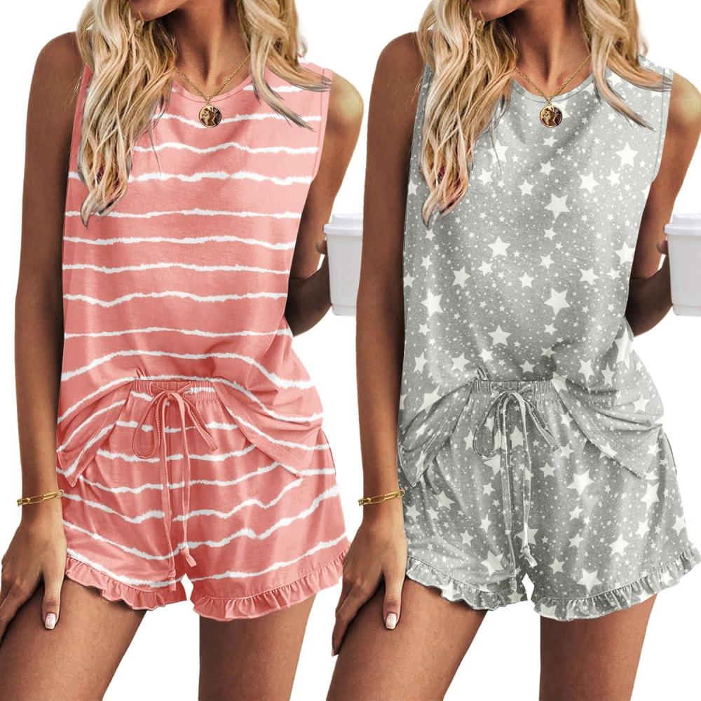 imageEkouaer Women Lightweight Summer Pajama Soft Pj Set Sleepwear Tank Top Shorts with Pocket Loungewear Set SXXLStripe Star