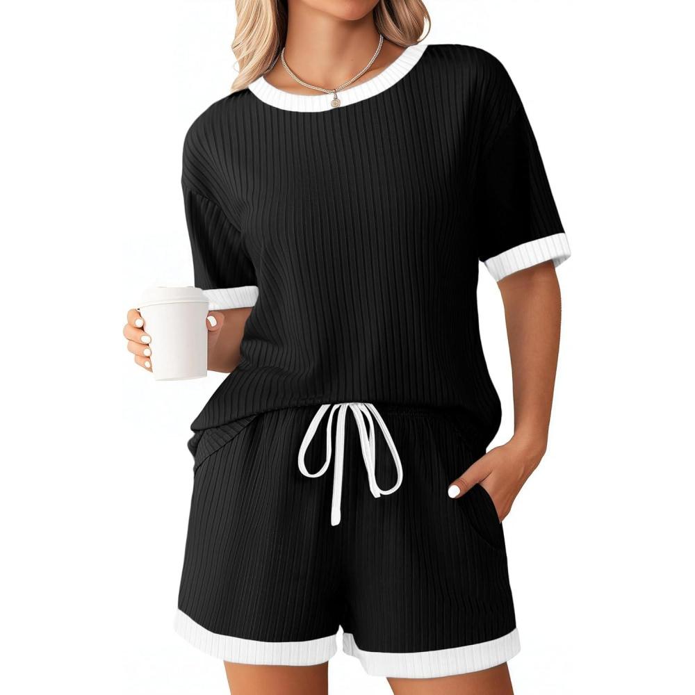 imageEkouaer Women Ribbed Knit Pajama Sets Short Sleeve Top and Shorts 2 Piece Soft Pjs Sleepwear with Pockets Lounge Sets SXXLBlack
