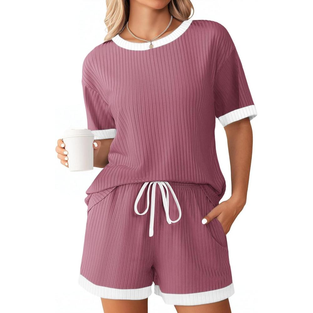 imageEkouaer Women Ribbed Knit Pajama Sets Short Sleeve Top and Shorts 2 Piece Soft Pjs Sleepwear with Pockets Lounge Sets SXXLDeep Pink