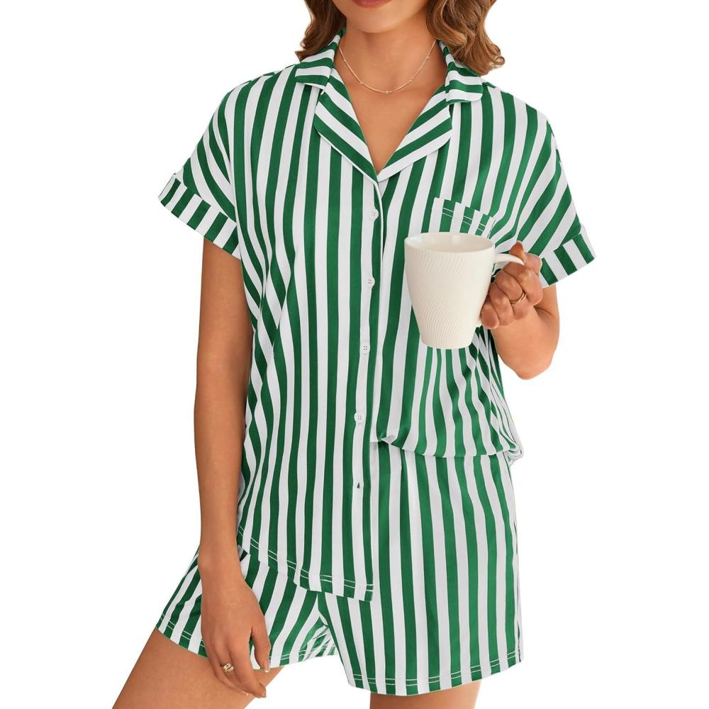 imageEkouaer Womens Button Down Pajamas Set 2 Piece Sleepwear Short Sleeve Pjs Soft Stripe Lounge SetsGreen White Stripe