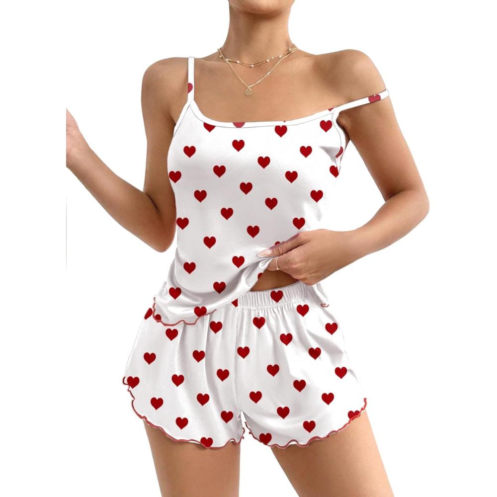 imageEkouaer Womens Cami Pajama Sets 2 Piece Cute Print Pjs Soft Tank Top amp Elastic Waist Shorts Camisole Lounge SetRed Heart