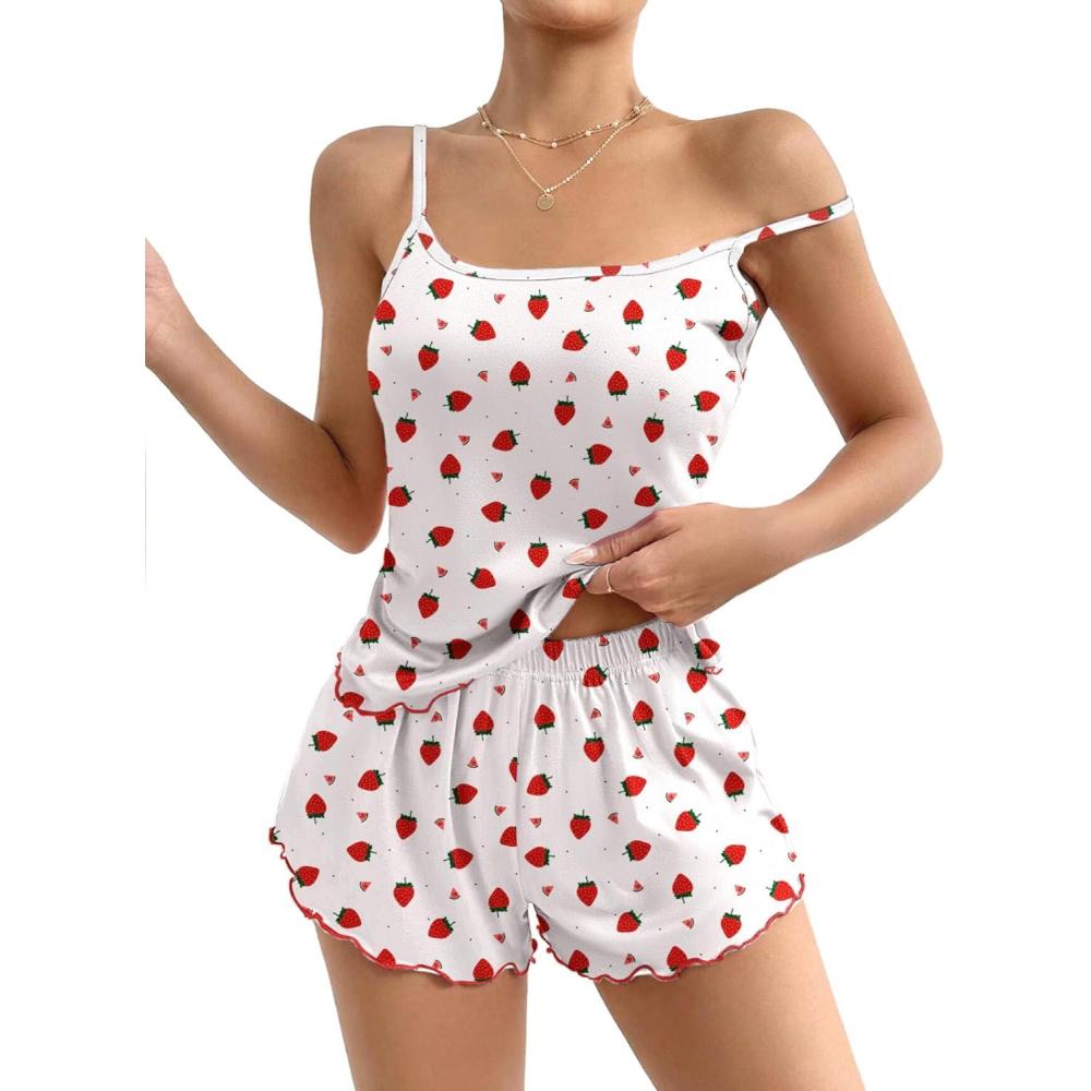 imageEkouaer Womens Cami Pajama Sets 2 Piece Cute Print Pjs Soft Tank Top amp Elastic Waist Shorts Camisole Lounge SetStrawberry