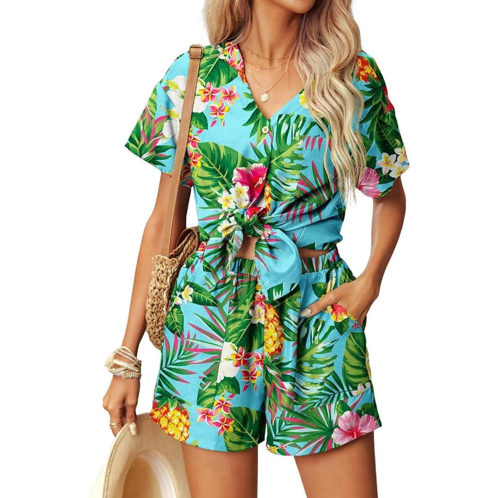 imageEkouaer Womens Hawaiian 2 Piece Outfit Short Sleeve Button Down Shirt and Shorts Tracksuit Lounge SetPineapple Turquoise