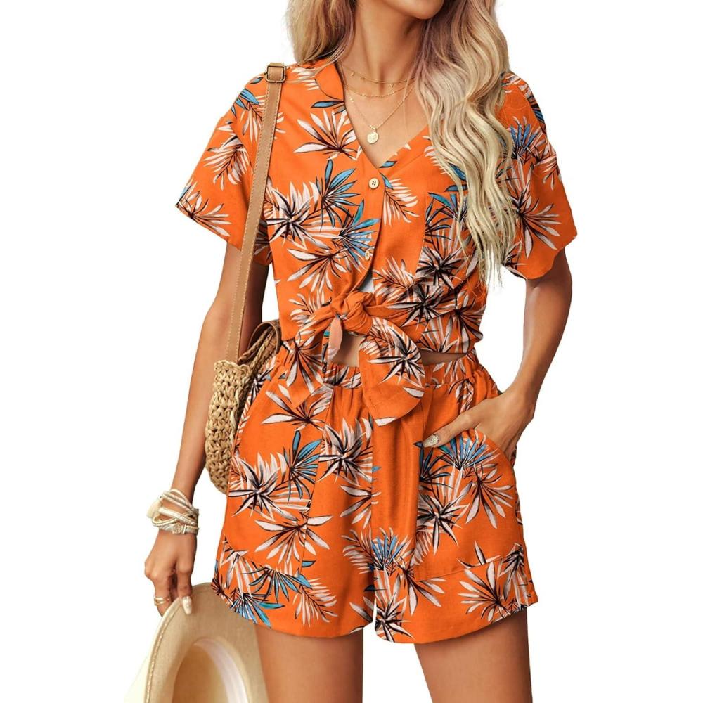 imageEkouaer Womens Hawaiian 2 Piece Outfit Short Sleeve Button Down Shirt and Shorts Tracksuit Lounge SetTropical Orange