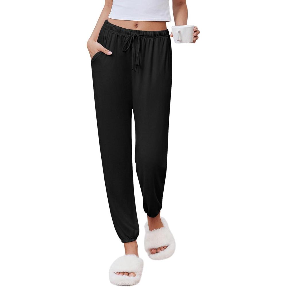 imageEkouaer Womens Jogger Pajamas Pants Comfy Long Lounge BottomDrawstring Elastic Waist Sleep Pants with PocketsBlack