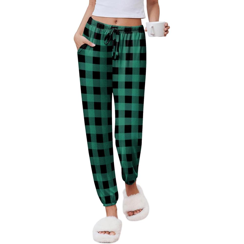 imageEkouaer Womens Jogger Pajamas Pants Comfy Long Lounge BottomDrawstring Elastic Waist Sleep Pants with PocketsBlack and Green Plaid