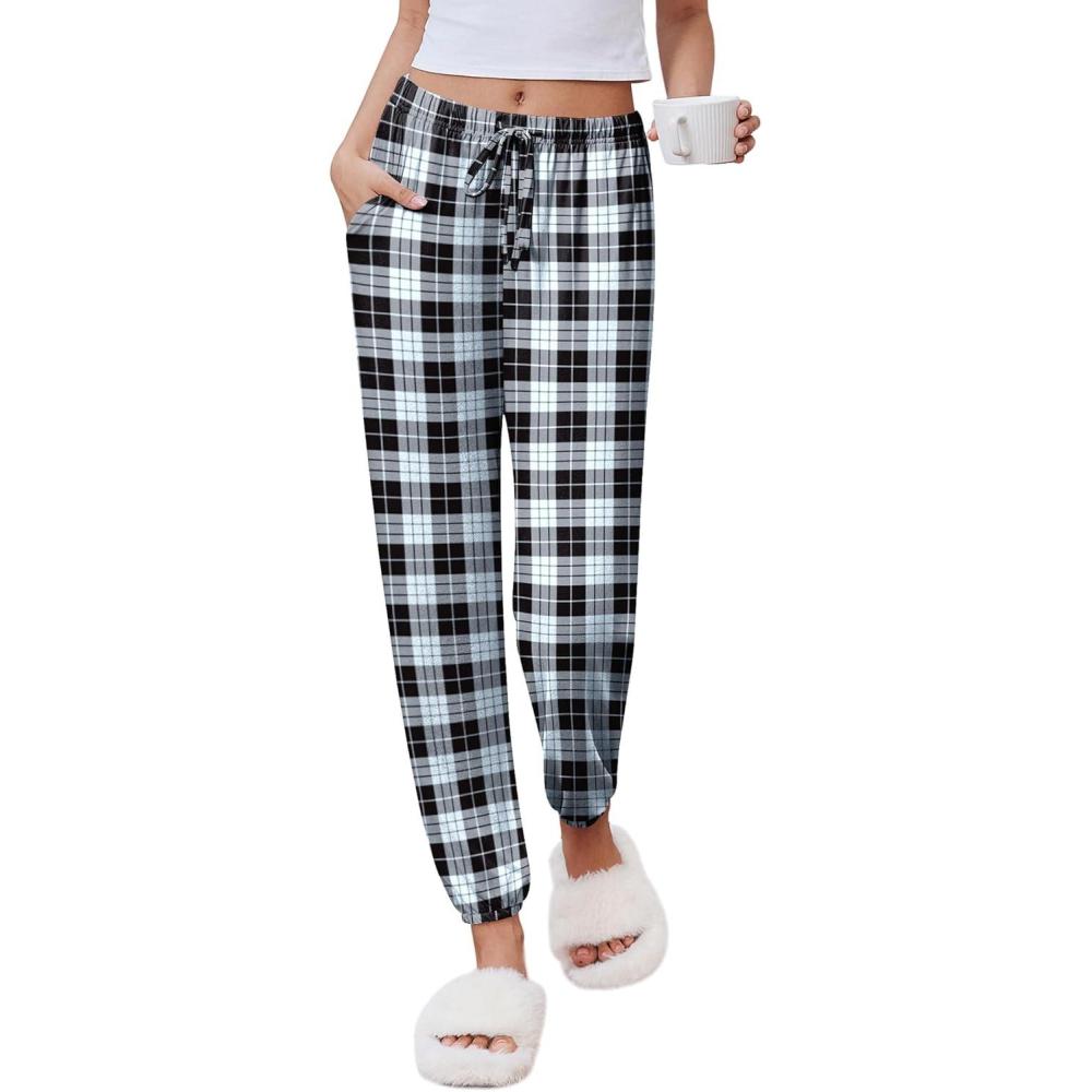 imageEkouaer Womens Jogger Pajamas Pants Comfy Long Lounge BottomDrawstring Elastic Waist Sleep Pants with PocketsBlack and White Plaid