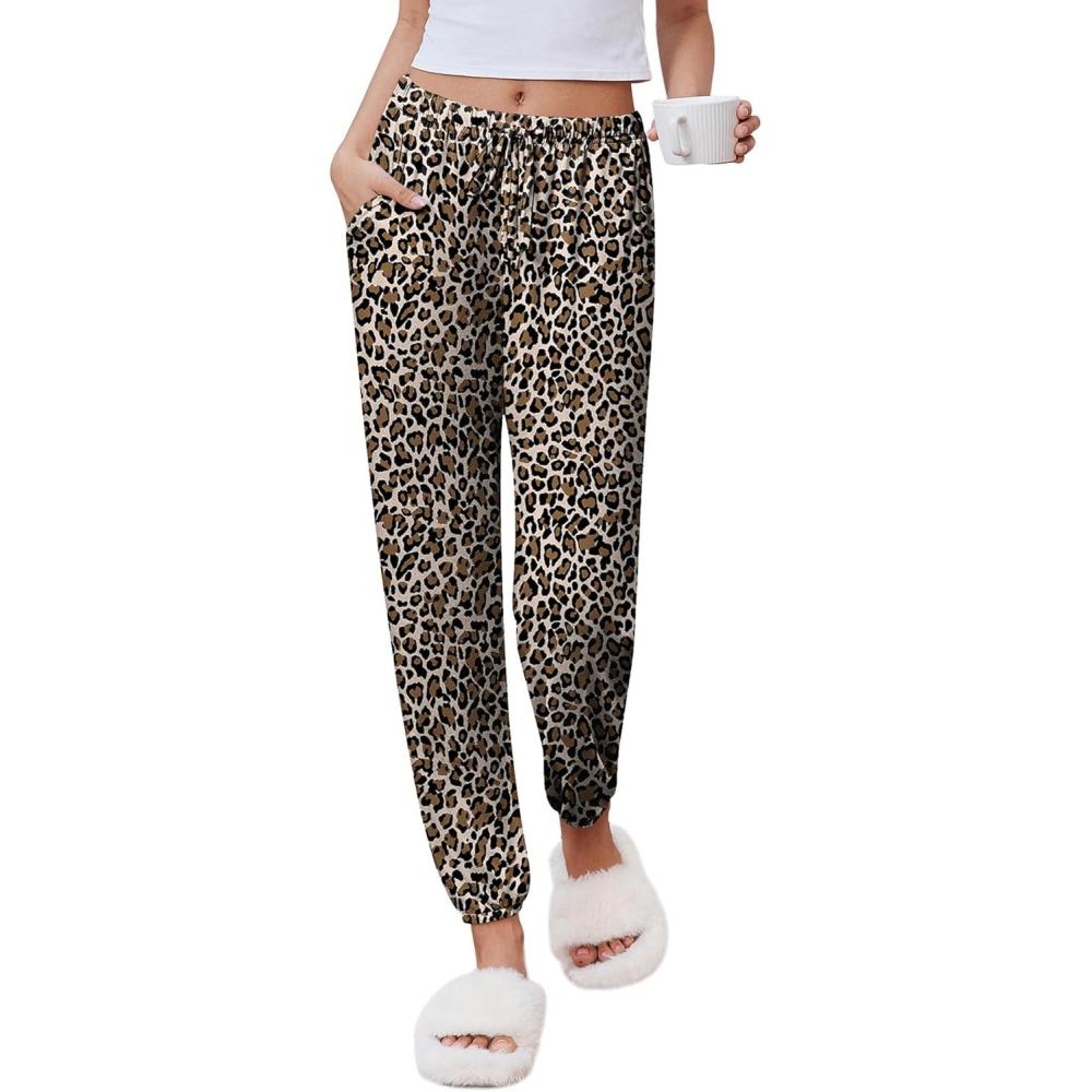 imageEkouaer Womens Jogger Pajamas Pants Comfy Long Lounge BottomDrawstring Elastic Waist Sleep Pants with PocketsBrown Leopard