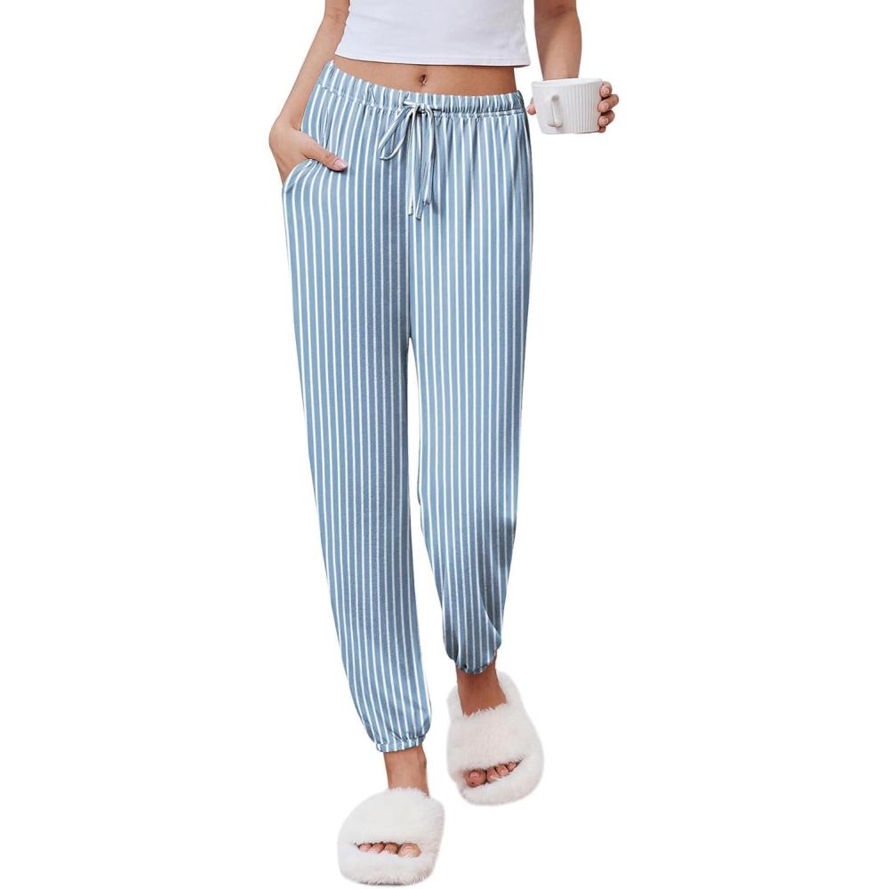 imageEkouaer Womens Jogger Pajamas Pants Comfy Long Lounge BottomDrawstring Elastic Waist Sleep Pants with PocketsGrey White Striped