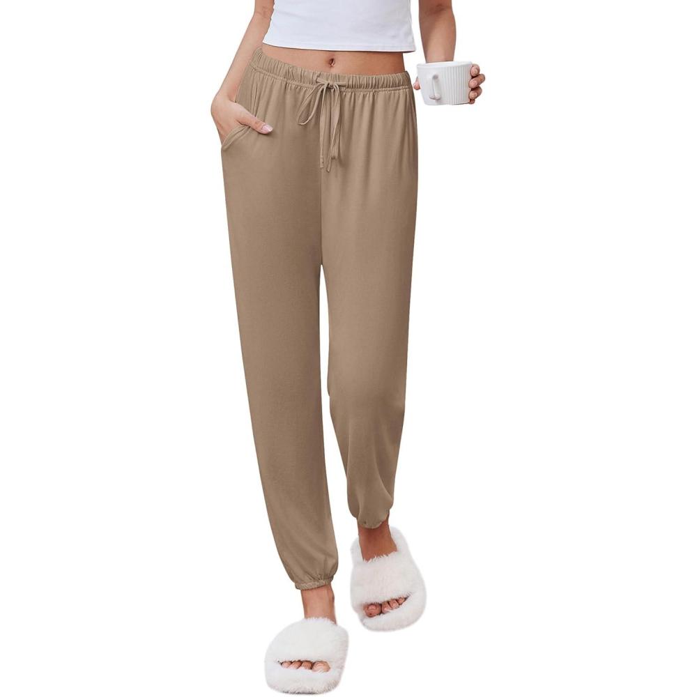 imageEkouaer Womens Jogger Pajamas Pants Comfy Long Lounge BottomDrawstring Elastic Waist Sleep Pants with PocketsKhaki