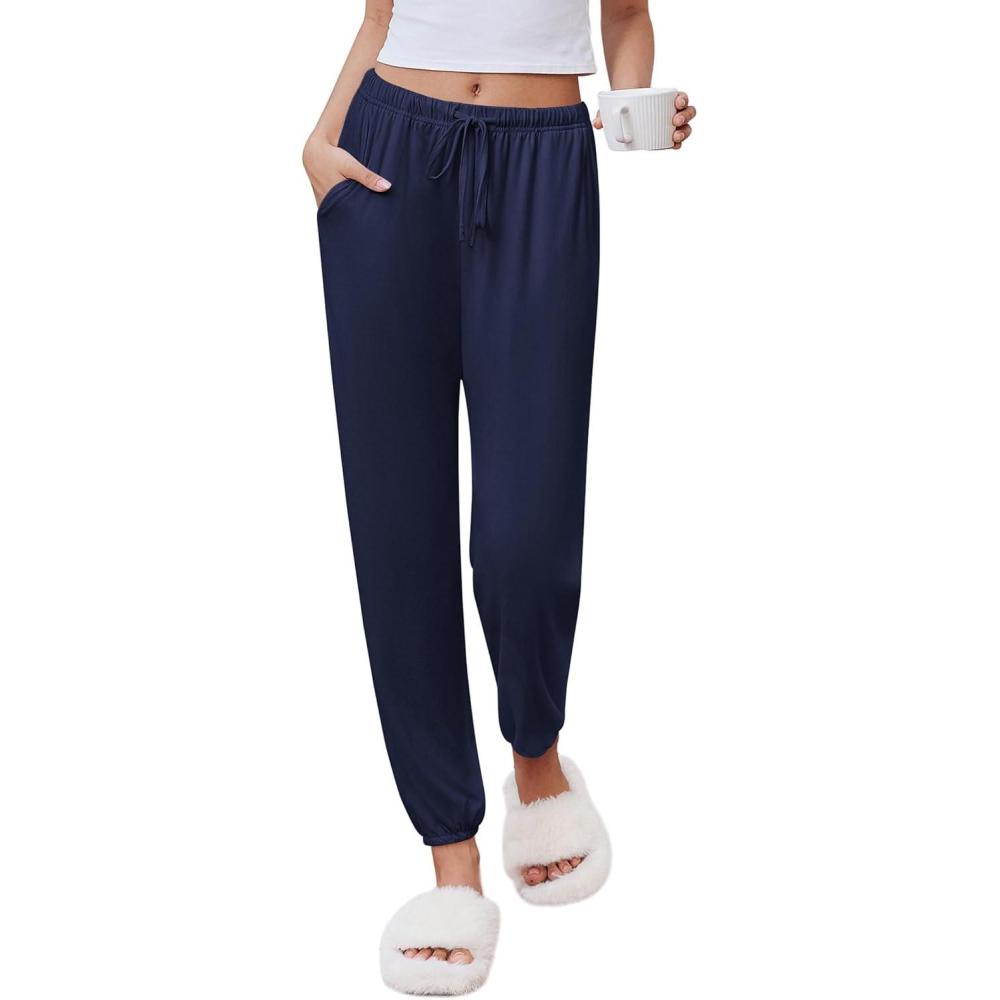imageEkouaer Womens Jogger Pajamas Pants Comfy Long Lounge BottomDrawstring Elastic Waist Sleep Pants with PocketsNavy Blue