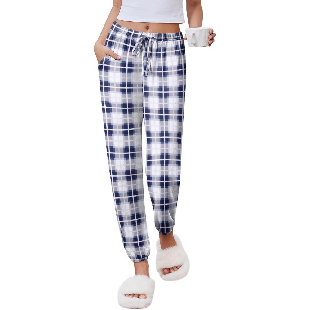 imageEkouaer Womens Jogger Pajamas Pants Comfy Long Lounge BottomDrawstring Elastic Waist Sleep Pants with PocketsNavy and White Plaid