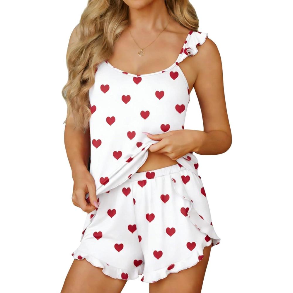 imageEkouaer Womens Pajama Sets Ruffle Cami Top and Shorts 2 Piece Lounge Set Sleepwear Summer Comfy Cute Bridal Pajama for WomenHeart