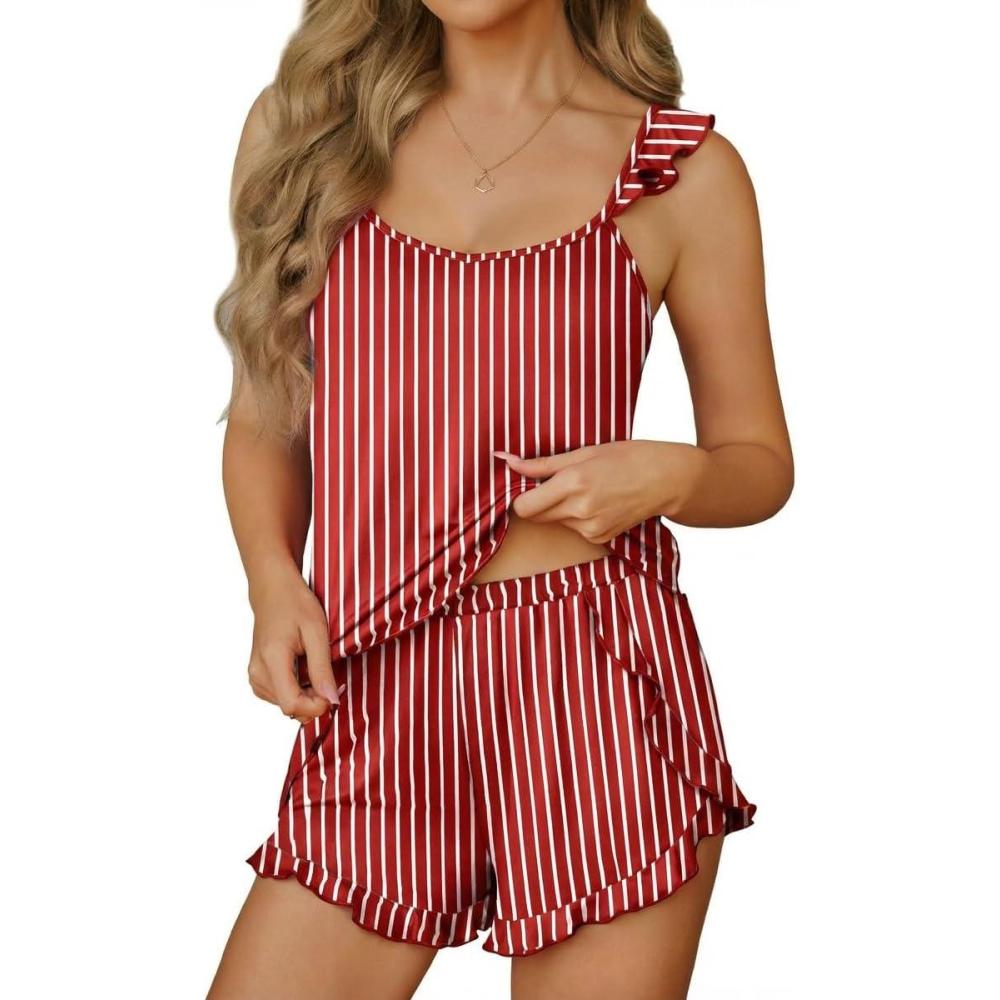 imageEkouaer Womens Pajama Sets Ruffle Cami Top and Shorts 2 Piece Lounge Set Sleepwear Summer Comfy Cute Bridal Pajama for WomenRed White Stripe