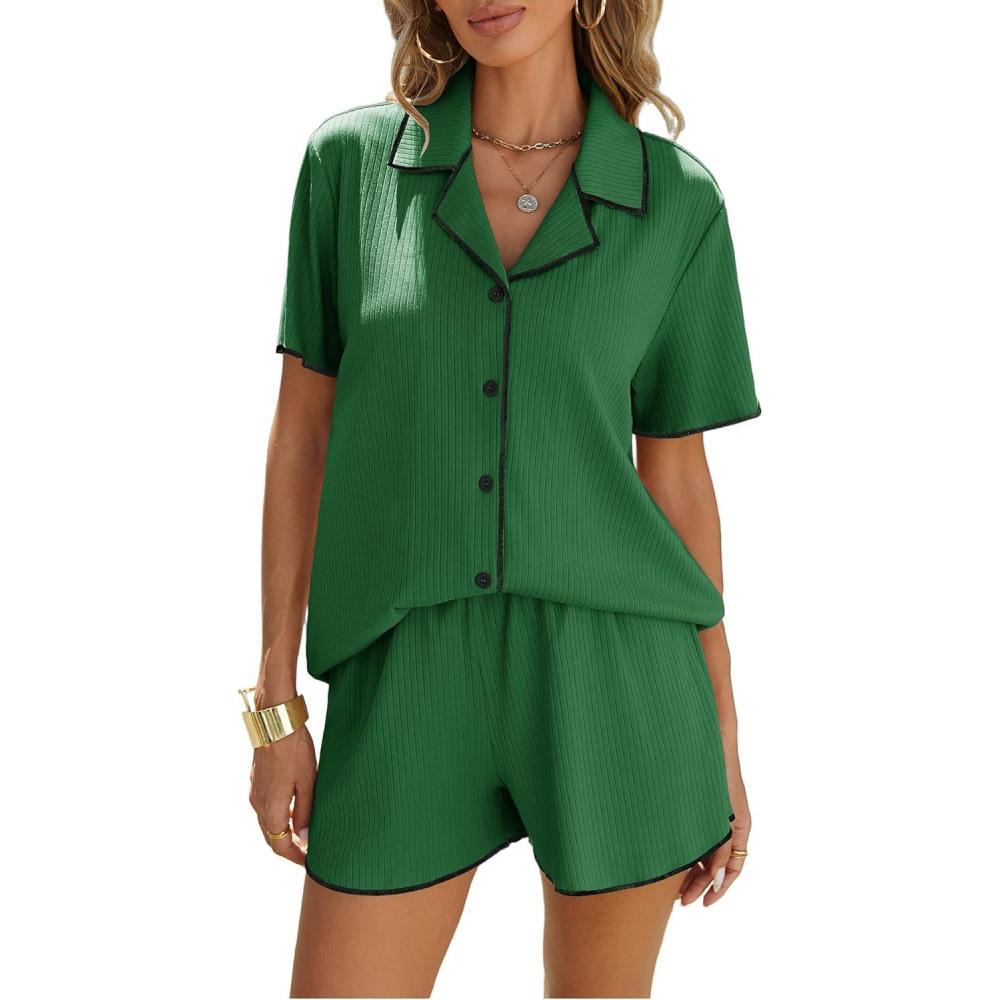 imageEkouaer Womens Ribbed Button Down Pajamas Sets 2 Piece Short Sleeve Shorts Pjs Knit Lounge SetsGreen