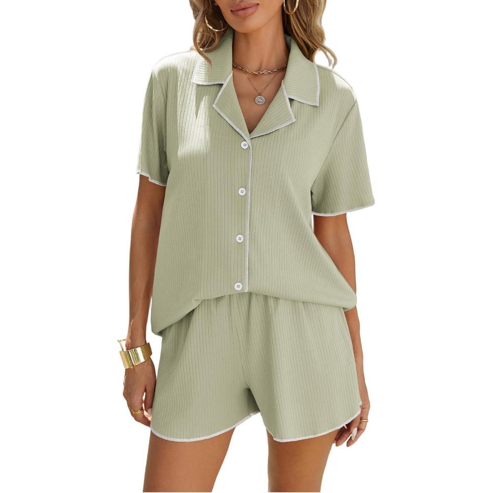 imageEkouaer Womens Ribbed Button Down Pajamas Sets 2 Piece Short Sleeve Shorts Pjs Knit Lounge SetsLight Green