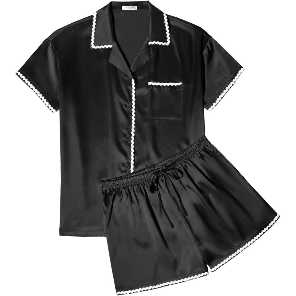 imageEkouaer Womens Silk Pajama Sets 2 Piece Satin Pj Set Button Down Shirt and Shorts Lounge Sets Classic with PocketsBlack