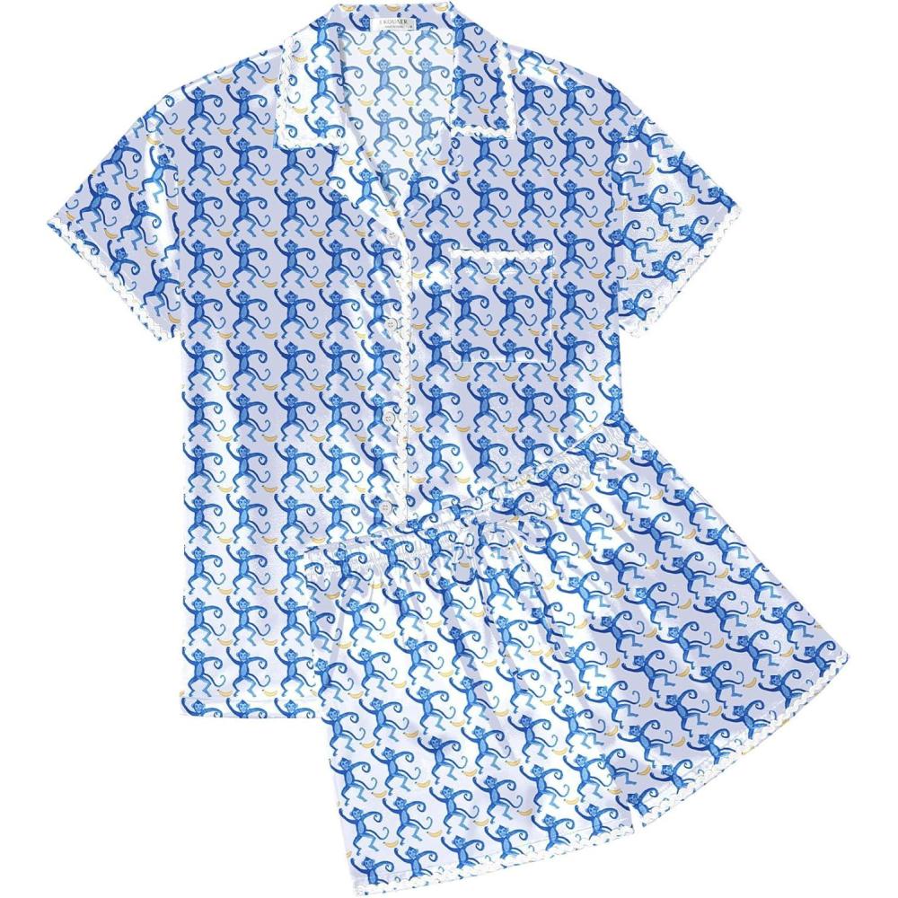 imageEkouaer Womens Silk Pajama Sets 2 Piece Satin Pj Set Button Down Shirt and Shorts Lounge Sets Classic with PocketsBlue Monkeys Bananas