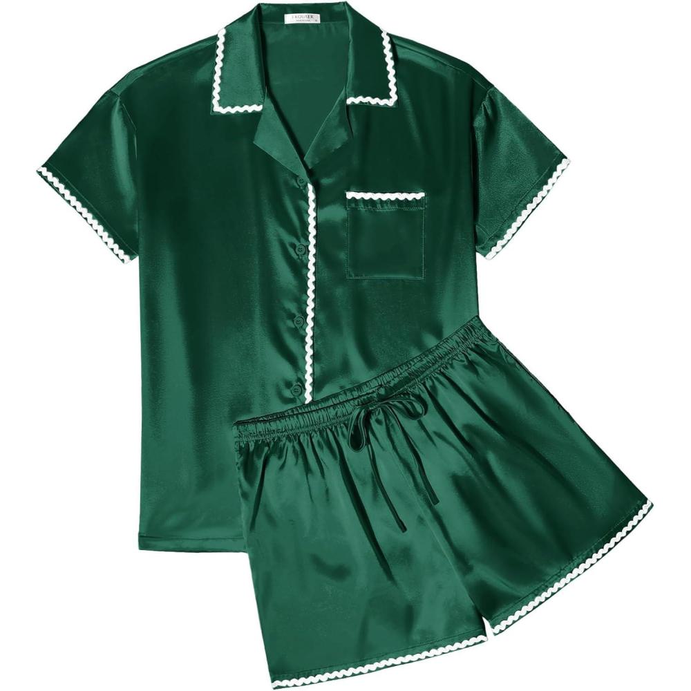 imageEkouaer Womens Silk Pajama Sets 2 Piece Satin Pj Set Button Down Shirt and Shorts Lounge Sets Classic with PocketsGreen