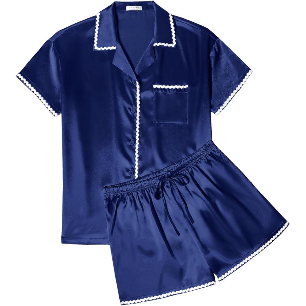 imageEkouaer Womens Silk Pajama Sets 2 Piece Satin Pj Set Button Down Shirt and Shorts Lounge Sets Classic with PocketsNavy Blue