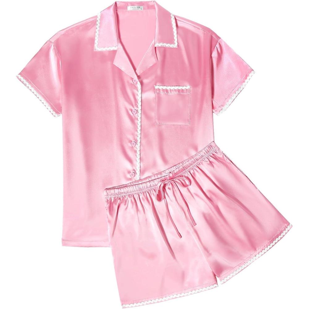 imageEkouaer Womens Silk Pajama Sets 2 Piece Satin Pj Set Button Down Shirt and Shorts Lounge Sets Classic with PocketsPink