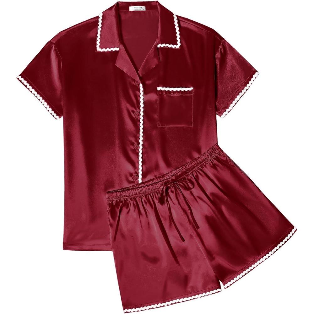 imageEkouaer Womens Silk Pajama Sets 2 Piece Satin Pj Set Button Down Shirt and Shorts Lounge Sets Classic with PocketsRed