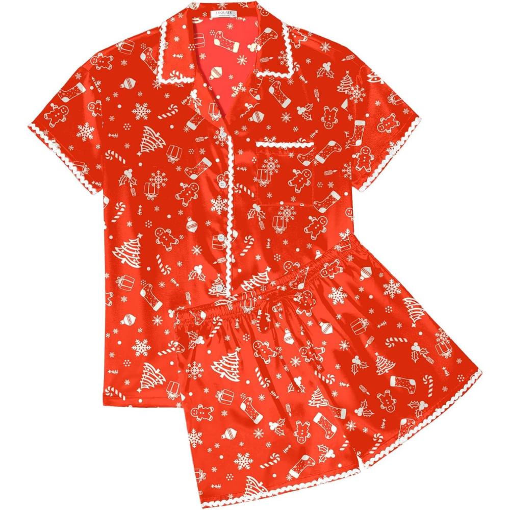 imageEkouaer Womens Silk Pajama Sets 2 Piece Satin Pj Set Button Down Shirt and Shorts Lounge Sets Classic with PocketsRed Christmas Trees